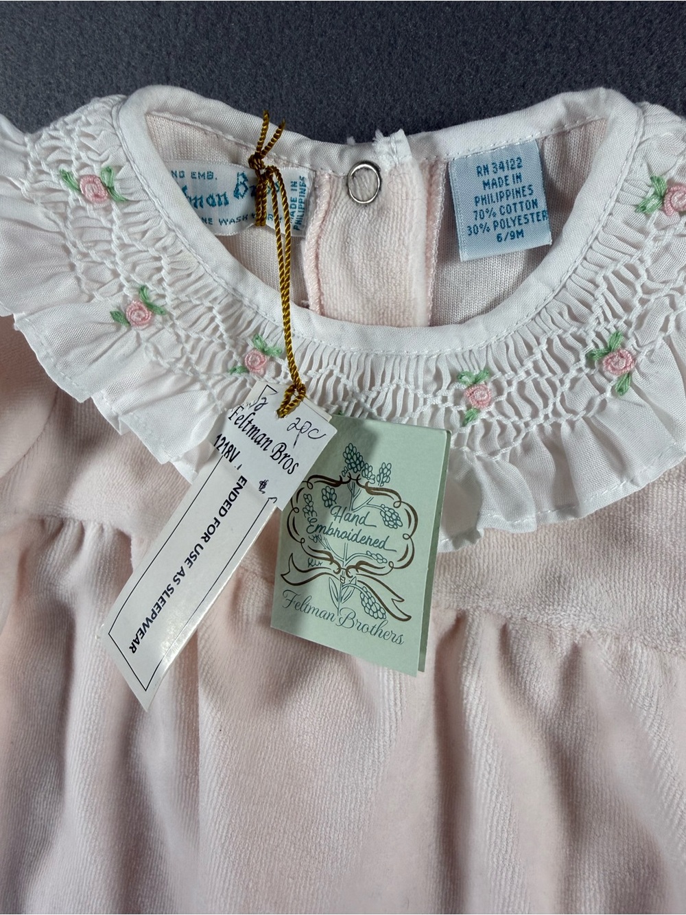Feltman Brothers Baby Pink Velour Footed Romper & Bonnet Set 6-9M NWT - Picture 3 of 5